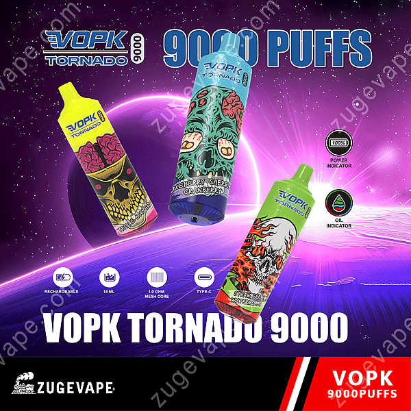 Vopk Tornado 9000 Vape Devices In Various Colorful Designs, Featuring Power And Oil Indicators, Rechargeability, 18 Ml Capacity, 1.0-Ohm Mesh Core, Type-C Charging, And &Quot;9000 Puffs&Quot; Text.
