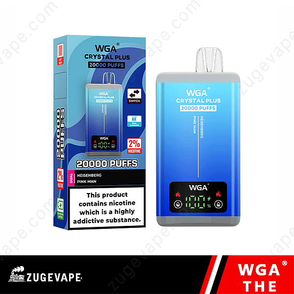 Dispositivo y empaque Wga Crystal Plus 20000, etiquetado como &quot;20000 Puffs&quot; con contenido de nicotina 2% y sabores &quot;Heisenberg&quot; y &quot;Pink Man&quot;.
