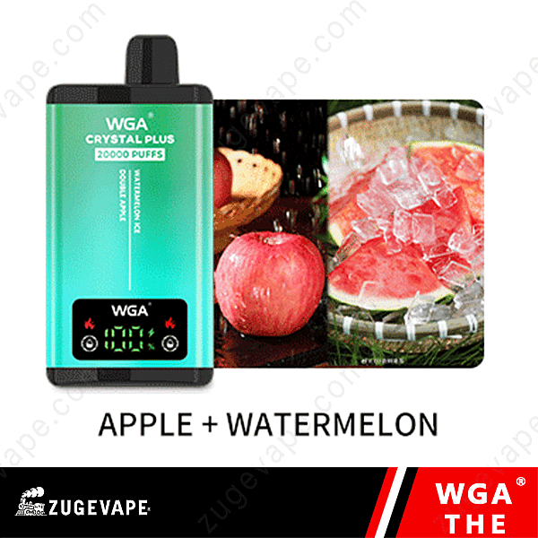 Un dispositivo de vapeo etiquetado como &quot;Wga Crystal Plus 20000 Puffs&quot; con sabor a manzana y sandía, que presenta imágenes de manzanas y rodajas de sandía con hielo.