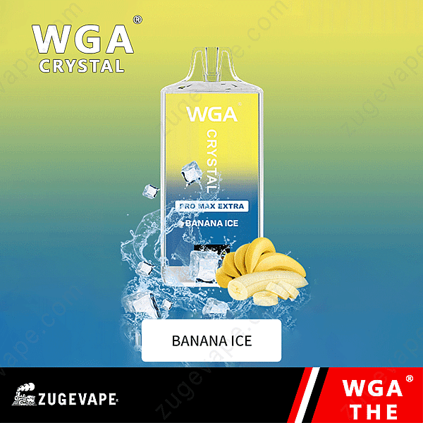 &Quot;Wga Crystal Vape-förpackning med en "bananis"-smak, med isbitar och bananskivor på en gradient gul-till-blå bakgrund.&Quot;
