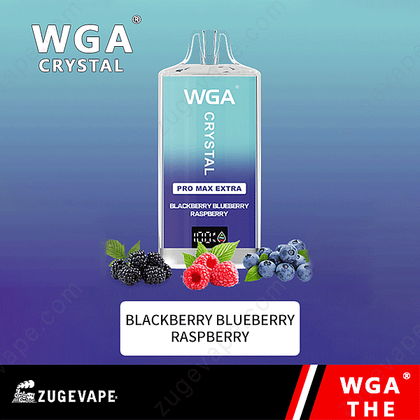 Wga Crystal Vape-enhet med illustration av björnbär, blåbär och hallonsmak.
