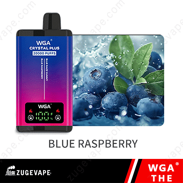 &quot;Dispositivo de vapeo Wga Crystal Plus con 20000 bocanadas, etiquetado como sabor a frambuesa azul, con un diseño degradado en azul y rosa con una pantalla LED y una imagen de arándanos frescos.&quot;