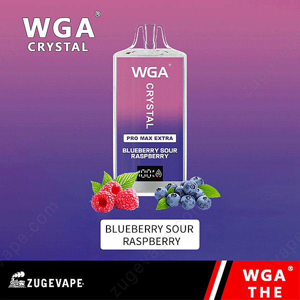 Wga Crystal Vape-enhet med smak av blåbär och hallon, som visas mot en lutning lila bakgrund.
