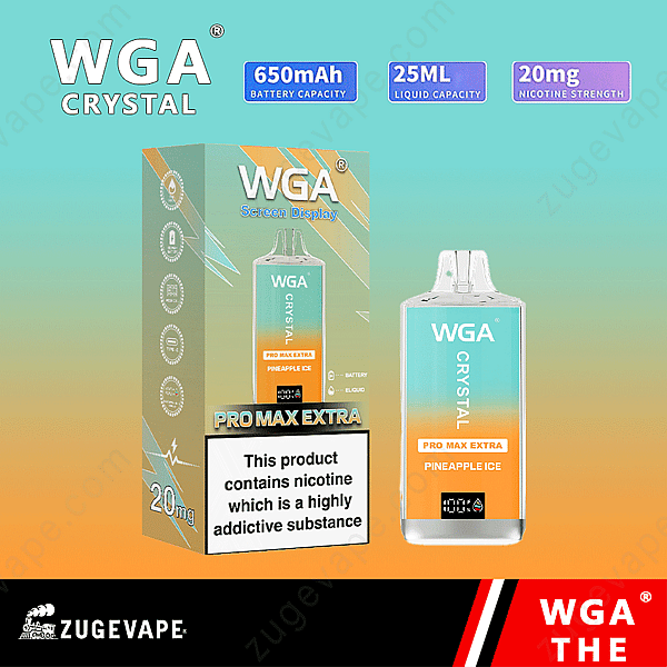 Wga Crystal Pro Max Extra Vape med 650 mah batterikapacitet, 25 ml vätskekapacitet, 20 mg nikotinstyrka och smak av ananas.