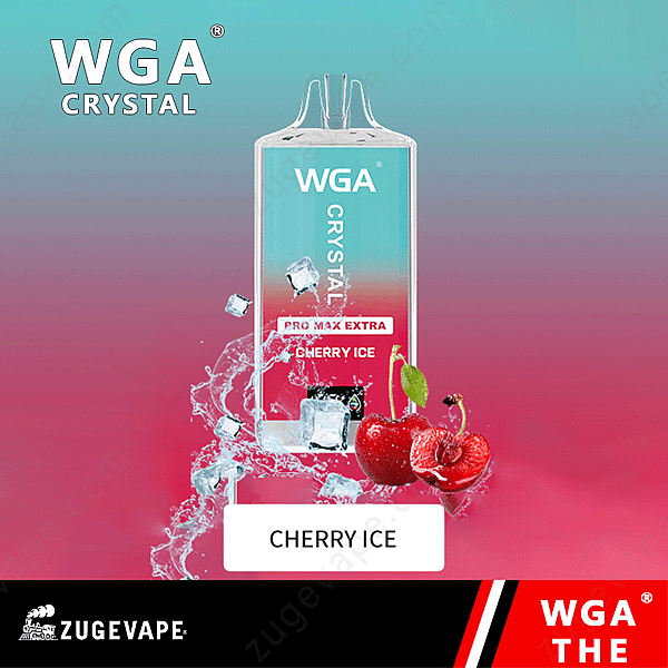 Wga Crystal Cherry Ice Vape-enhet med isbitar och färska körsbär på en gradient kricka och rosa bakgrund.