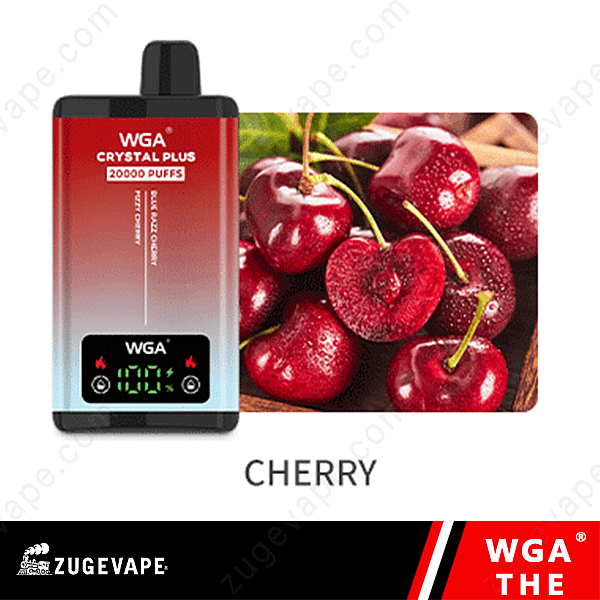 &quot;Dispositivo de vapeo Wga con sabor a cereza e imagen de cerezas frescas.&quot;