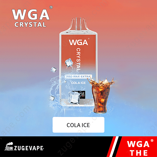 Bild av en Wga Crystal Cola Ice Vape-enhet med isbitar och ett glas Cola på en blå och röd gradientbakgrund, med varumärkeslogotyperna &Quot;Wga&Quot; Och &Quot;Zugevape.&Quot;
