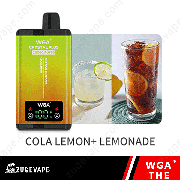 Dispositivo de vapeo Wga Crystal Plus con sabor a cola, limón y limonada, junto con imágenes de una bebida de limonada y cola.