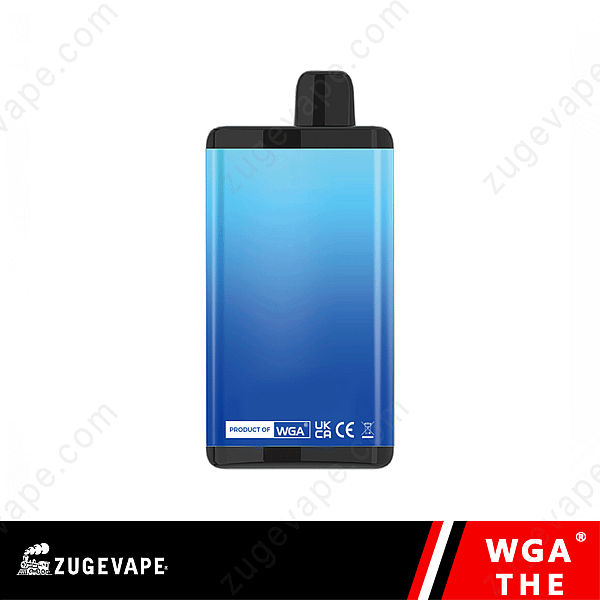 Dispositivo de vapeo rectangular con degradado azul, boquilla negra y marca "Wga" en la parte inferior.