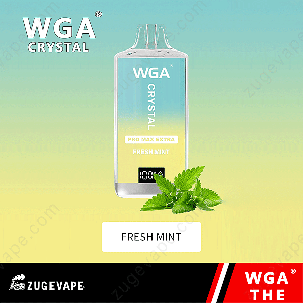 En Vape-enhet märkt &Quot;Wga Crystal Pro Max Extra Fresh Mint&Quot; Med Mintblad Framme Av Enheten.