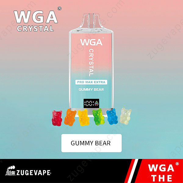 Wga Crystal Vape-enhet i &Quot;Gummy Bear&Quot; Smak med en gradient rosa och blå design, som visas tillsammans med färgglada gummibjörnsgodisar.