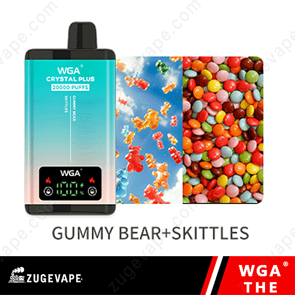 Dispositivo de vapeo Wga con 20 000 bocanadas, etiquetado como sabor &quot;Gummy Bear + Skittles&quot;, con imágenes de ositos de goma y caramelos de colores.