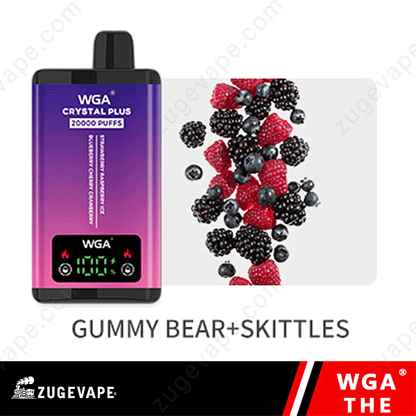 Dispositivo de vapeo etiquetado como &quot;Wga Crystal Plus 20,000 Puffs&quot; junto a una pila de bayas mixtas y el texto &quot;Gummy Bear + Skittles&quot;.