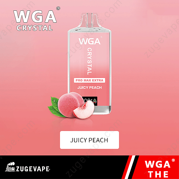 Wga Crystal Pro Max Extra Vape I Juicy Peach Smak Med En Persika Frukt Bild På En Rosa Bakgrund.