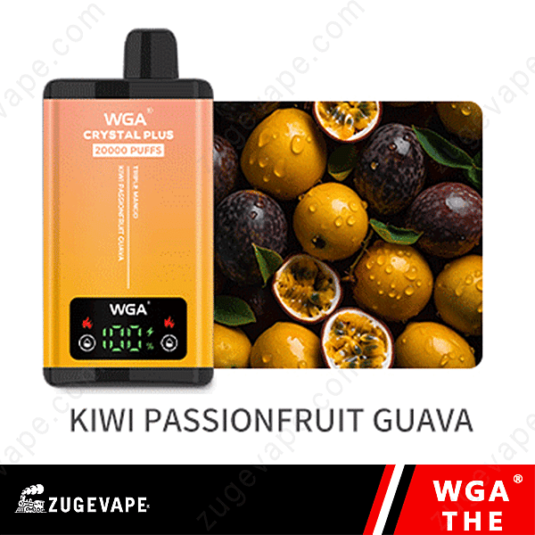 Dispositivo de vapeo Wga Crystal Plus con una pantalla que muestra "20000 bocanadas" y el sabor "Kiwi, maracuyá y guayaba" junto a una imagen de las frutas correspondientes.