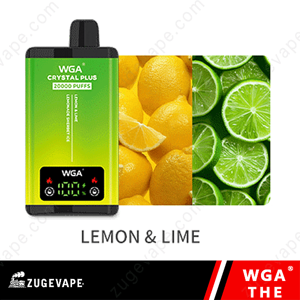 Dispositivo de vapeo Wga Crystal Plus con sabor a limón y lima, 20000 bocanadas, pantalla digital en el frente.