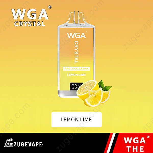 Wga Crystal Pro Max Extra Lemon Lime Vape med en digital display, inställd mot en gradient gul bakgrund med färska citron- och limeskivor.