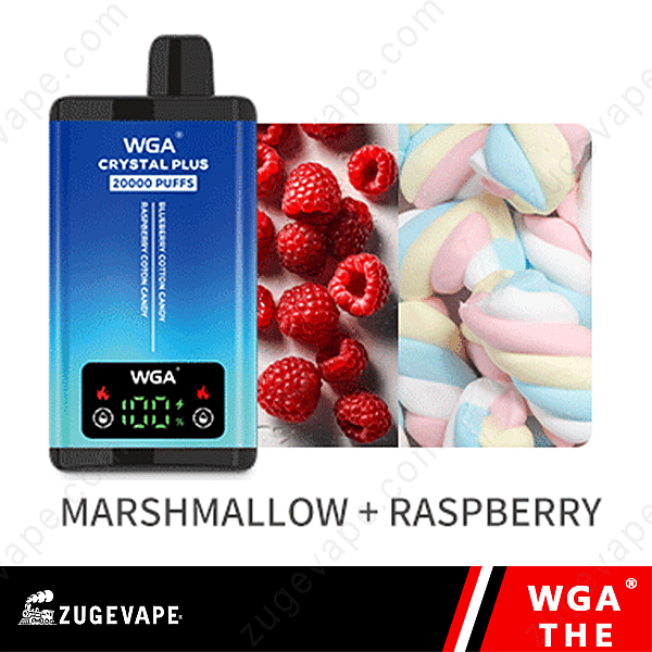 Dispositivo de vapeo con etiqueta &quot;Wga Crystal Plus 20000 Puffs&quot;, con imágenes de frambuesas y malvaviscos coloridos, etiquetados &quot;Marshmallow + Raspberry&quot;.