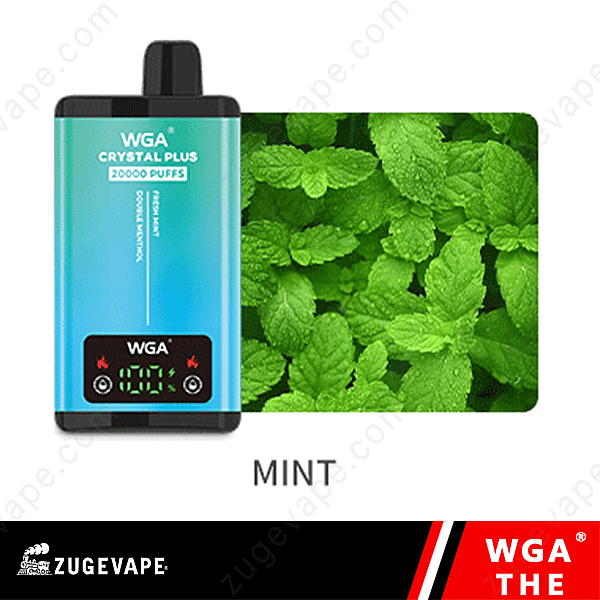 Dispositivo de vapeo desechable con sabor a menta, pantalla digital y marca &quot;Wga Crystal Plus 20000 Puffs&quot;.