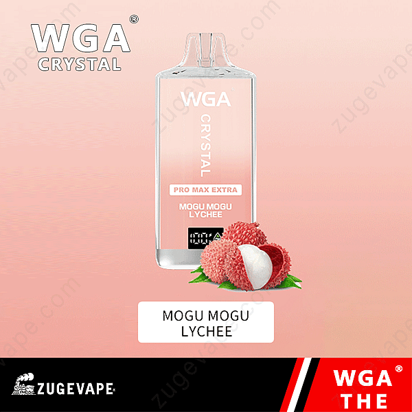 En Wga Crystal Vape-enhet med smaken &Quot;Mogu Mogu Lychee&Quot; Visas på en rosa bakgrund, ackompanjerad av en bild av färsk litchifrukt.