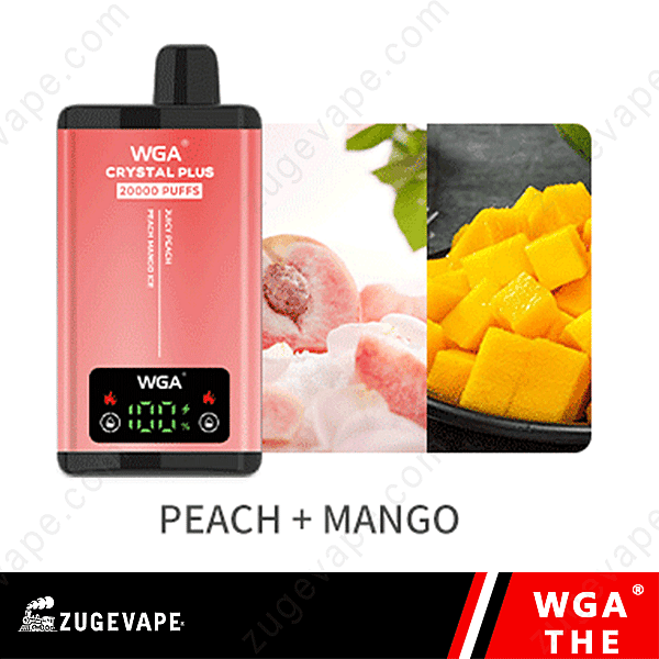 Vape desechable Wga Crystal Plus con 20.000 bocanadas, sabor a melocotón y mango helado, junto a imágenes de melocotones y mangos.