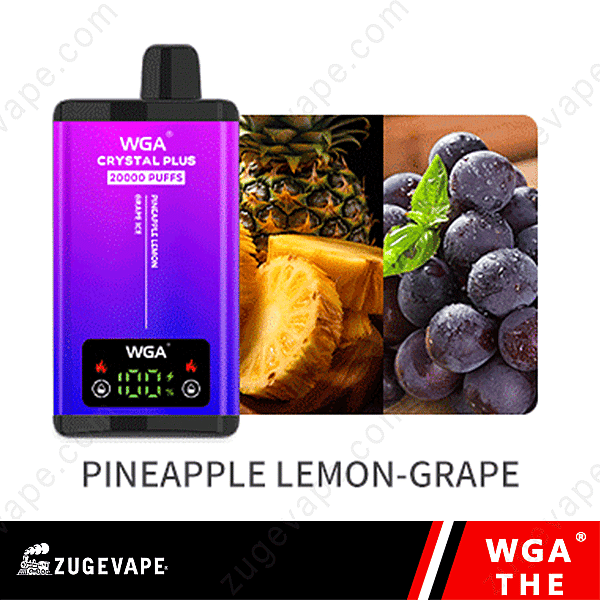 Dispositivo de vapeo Wga con sabor a "piña, limón y uva" con imágenes de piña y uvas de fondo.