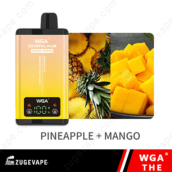 Dispositivo de vapeo Wga con 20.000 bocanadas con sabor a piña y mango, mostrado con imágenes de piñas y cubos de mango.