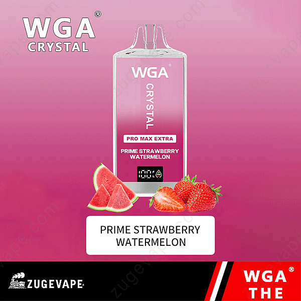 Wga Crystal Vape-enhet med &Quot;Prime Strawberry Watermelon&Quot; Smak Och Bilder Av Jordgubbar Och Vattenmelonskivor.