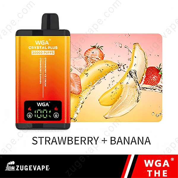 Dispositivo de vapeo Wga Crystal Plus con sabor a fresa y plátano, pantalla LED y empaque vibrante.