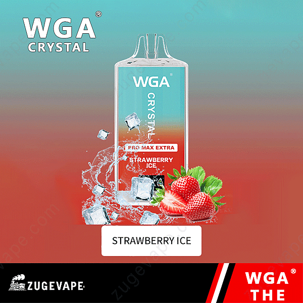 Wga Crystal Vape-enhet med smak av jordgubbsis, med jordgubbar och isbitar i bakgrunden.