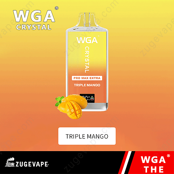 En Wga Crystal Vape-enhet märkt &Quot;Pro Max Extra Triple Mango&Quot; Med En Gul-Orange Gradient Bakgrund Och En Illustration Av Skivad Mango.