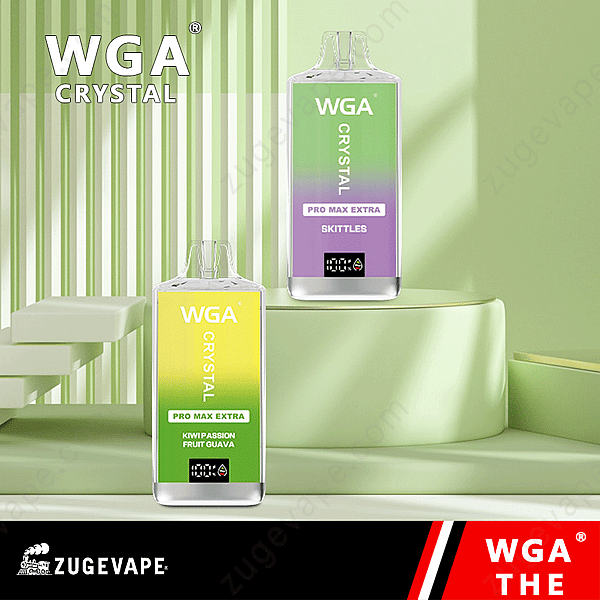 Wga The Crystal Pro Max Extra 15000 Vape-enheter med &Quot;Kiwi Passion Fruit Guava&Quot; Och &Quot;Skittles&Quot; Smaker Visas På En Grön Minimalistisk Bakgrund.