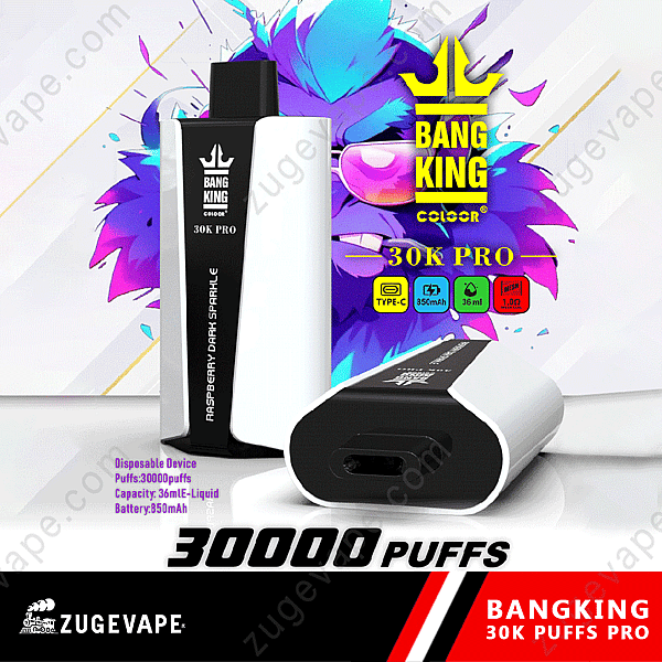Dispositivo per svapo monouso Bang King 30000 Pro, che offre 30.000 boccate con una capacità di e-liquid da 36 ml, batteria da 850 mAh, ricarica di tipo C e un sapore di lampone scuro scintillante.