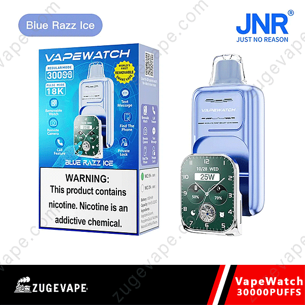 Vapewatch Blue Razz Ice Vape-enhetslåda och produkt med kapacitet på 30 000 puffar, med en avtagbar smartklocka som visar tid, batterinivå och 25 W effektinställning.