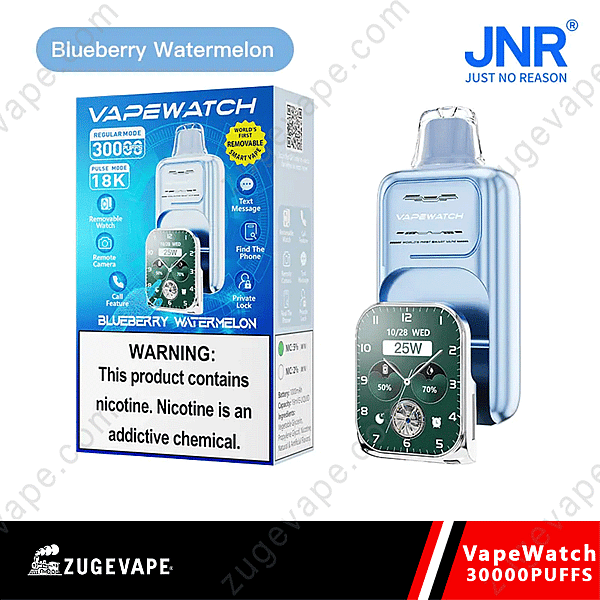Blueberry Watermelon Vapewatch Box och enhet med en löstagbar Smartwatch-funktion som visar &Quot;25W&Quot; Power Display och funktioner som textmeddelanden, samtal och kamerakontroll.