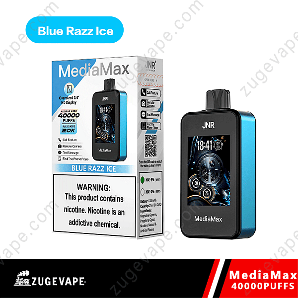 Mediamax Blue Razz Ice Vape Device With 40,000 Puffs, 2.4&Quot; Hd Display, Nicotine Options (5% And 2%), And Various Features Including Call, Text, And Remote Camera.