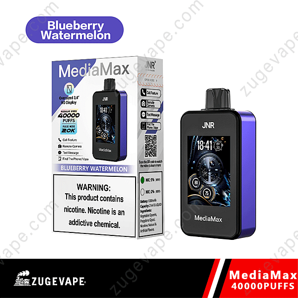 Mediamax Vape Device Packaging And Product With &Quot;Blueberry Watermelon&Quot; Flavor, Featuring 40,000 Puffs, A 2.4&Quot; Hd Display, And Functions Like Call Feature, Remote Camera, And Text Messaging.