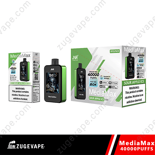 Mediamax Sour Apple Ice Vape Device With 40,000 Puffs, Featuring A Digital Display, Packaged Alongside Its Box Showing Product Details And Warnings About Nicotine.