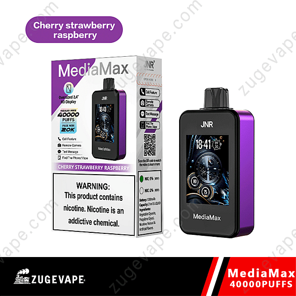 Mediamax Vape Device With 40,000 Puffs, Cherry Strawberry Raspberry Flavor, And A Large 2.4&Quot; Hd Display Featuring Call, Text, And Remote Camera Features. Warning Label About Nicotine Addiction Is Visible.