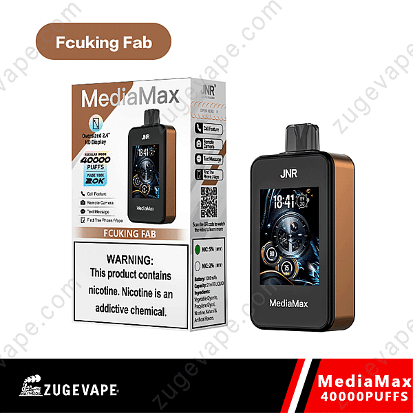 &Quot;Mediamax Vape Device Packaging Showing A 2.4-Inch Hd Display And 40,000 Puffs Capacity With Nicotine Options. Includes Features Like Call Function, Remote Camera, And Text Message Support. Warning Label About Nicotine Addiction.&Quot;