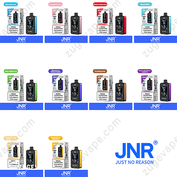 Image Of Jnr Megamax Vape Products In Various Flavors, Including Blue Razz Ice, Strawberry Ice, Watermelon Ice, Miami Mint, Sour Apple Ice, Blueberry Watermelon, F*Cking Fab, Cherry Strawberry Raspberry, Peach Mango Watermelon, And Strawberry Banana.