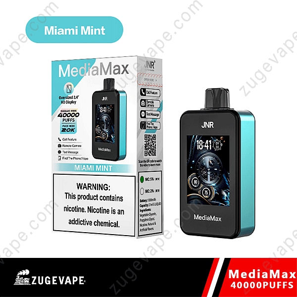 &Quot;Mediamax Miami Mint Vape Device With A 2.4-Inch Hd Display And 40000 Puffs Capacity, Featuring Call Function, Remote Camera, And Text Messaging. Warning Label Indicates The Product Contains Nicotine.&Quot;