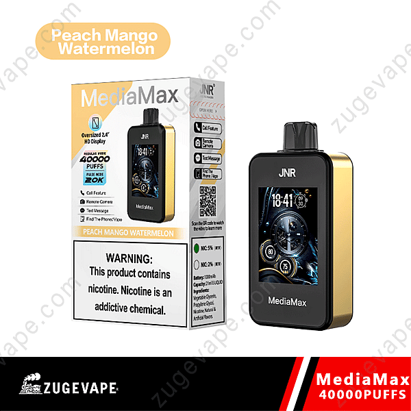 Mediamax Vape Device With 2.4&Quot; Hd Display, 40,000 Puffs Capacity, And Peach Mango Watermelon Flavor, Shown Next To Its Packaging With Nicotine Warning.