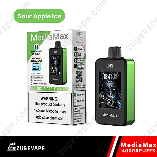 Mediamax Vape Device In Sour Apple Ice Flavor, With 40,000 Puffs Capacity, 2.4-Inch Hd Display, And Various Features Such As Call And Message Notifications. Packaging Includes A Nicotine Warning Label.