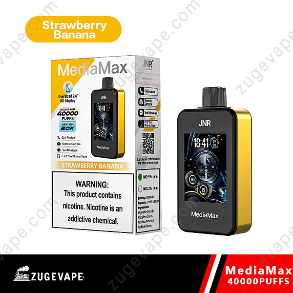 &Quot;Mediamax Vape Device In Strawberry Banana Flavor With 2.4-Inch Hd Display, Offering 40,000 Puffs. Features Include Call Function, Remote Camera, Text Message, And Phone Finder. Contains Nicotine With Warning Label.&Quot;