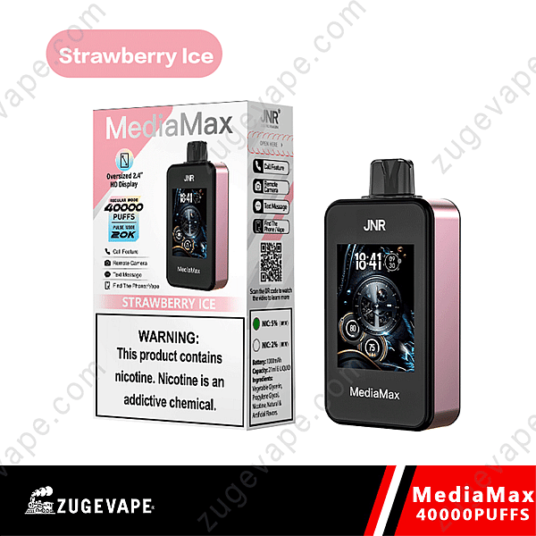 Mediamax Vape Device With 40,000 Puffs In Strawberry Ice Flavor, Featuring A 2.4&Quot; Hd Display And Call, Text, And Camera Remote Functions. The Package Displays A Nicotine Warning.