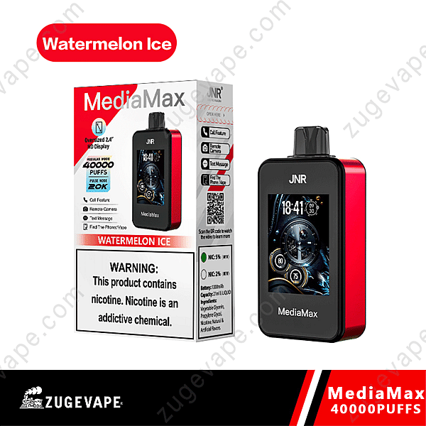 Mediamax Vape Device In Watermelon Ice Flavor With 40,000 Puffs, Featuring A 2.4&Quot; Hd Display And Various Smart Functions Like Call And Remote Camera.