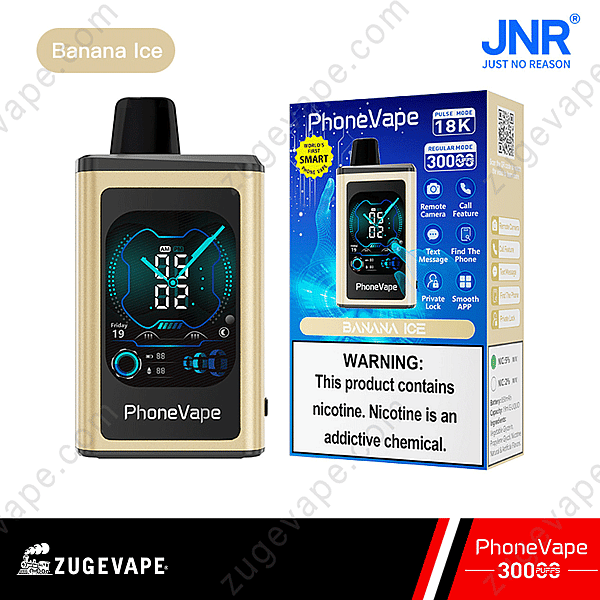 Phonevape Device In Banana Ice Flavor With Smart Features Displayed On The Packaging, Including Remote Camera, Call Feature, Text Message, And Phone Lock App. Warning Label About Nicotine Addiction.