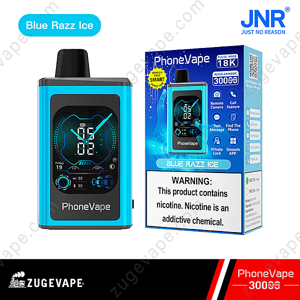 Blue Razz Ice Phonevape Device And Packaging With Digital Clock Display, Remote Camera And Call Feature, Showing 30000 Puffs And Nicotine Warning Label.