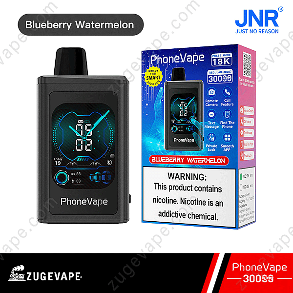 Phonevape 30000 Puffs Blueberry Watermelon Flavor Vape With A Smart Digital Display, Shown Alongside Its Packaging With Nicotine Warning Label.
